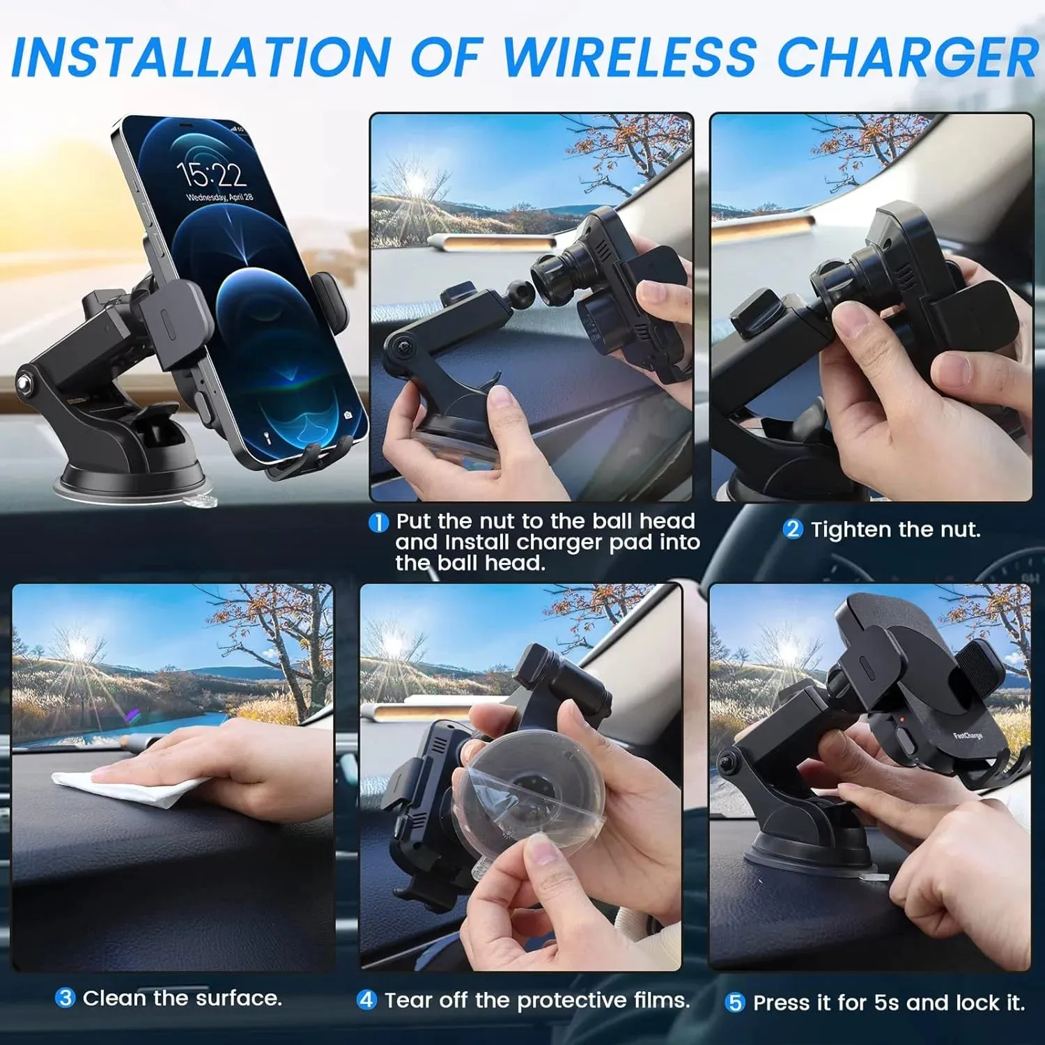 15W Wireless Car Charger Mount – Fast Charging, Auto-Clamp for iPhone & Samsung Galaxy