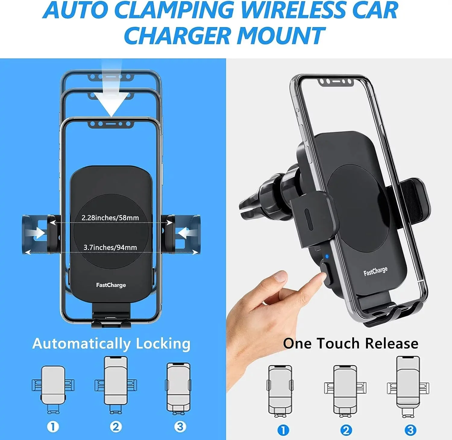 15W Wireless Car Charger Mount – Fast Charging, Auto-Clamp for iPhone & Samsung Galaxy