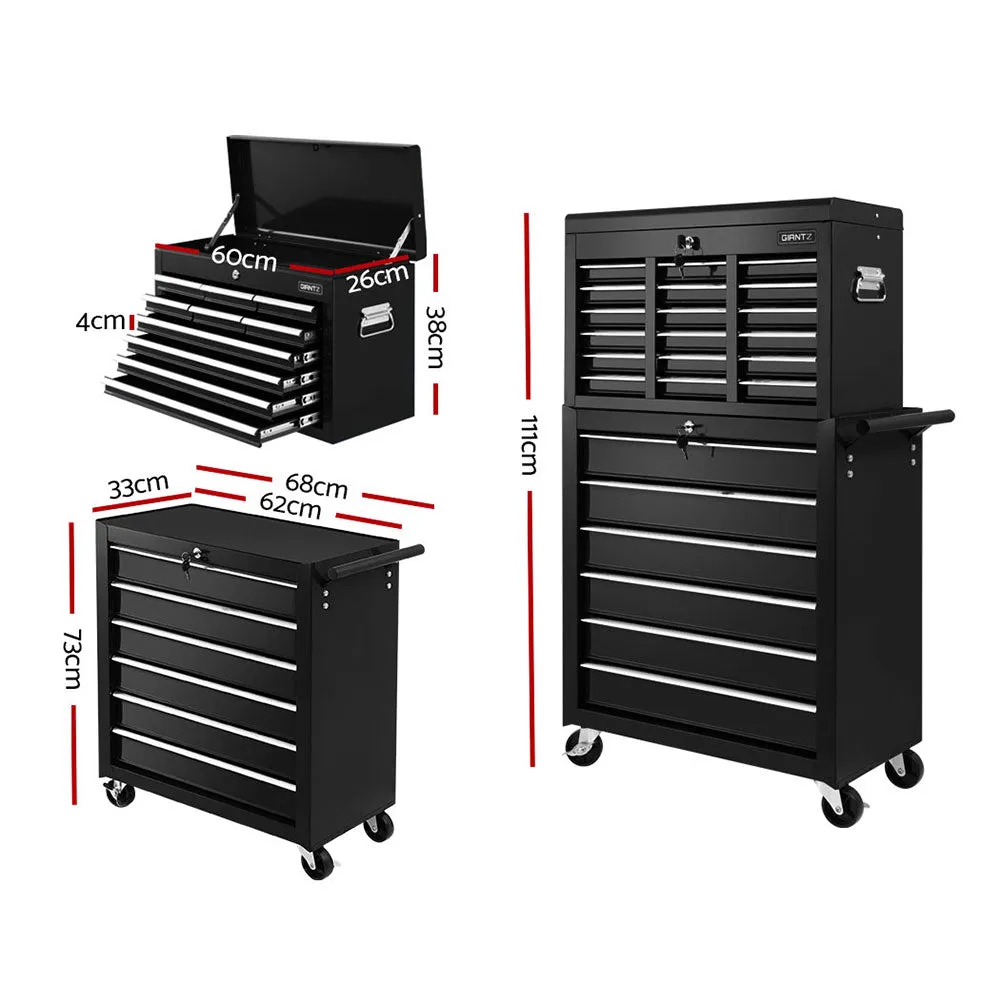 16 Drawers Toolbox Tool Chest & Trolley Box Cabinet Cart Garage Storage Black