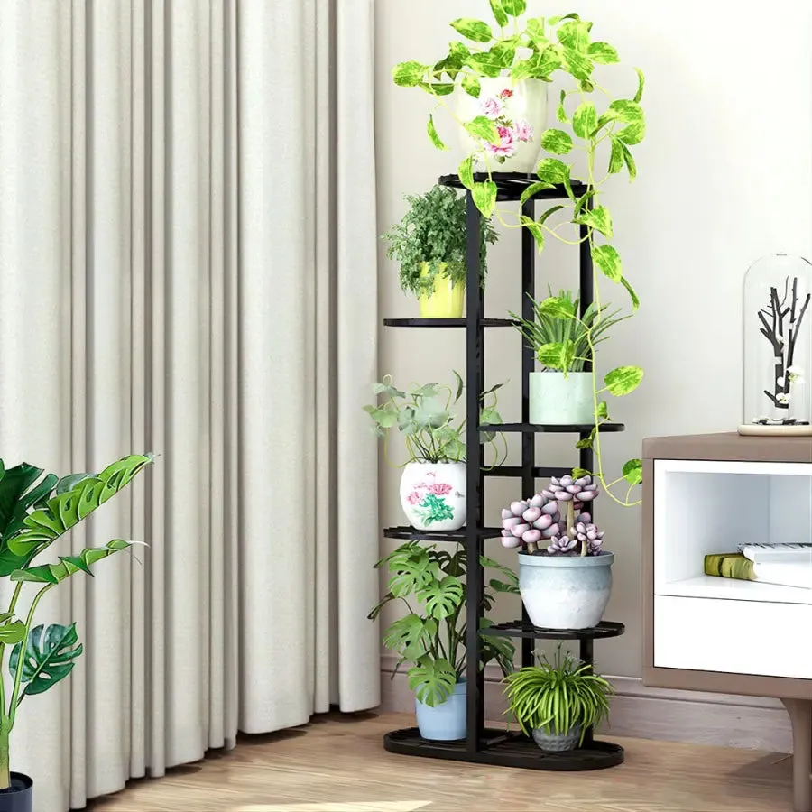 5 Tier Black Metal Plant Stand for 6 Planters