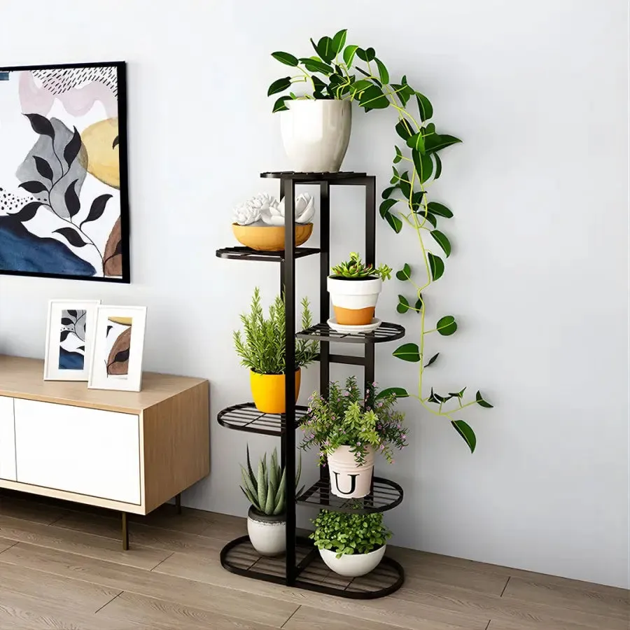 5 Tier Black Metal Plant Stand for 6 Planters