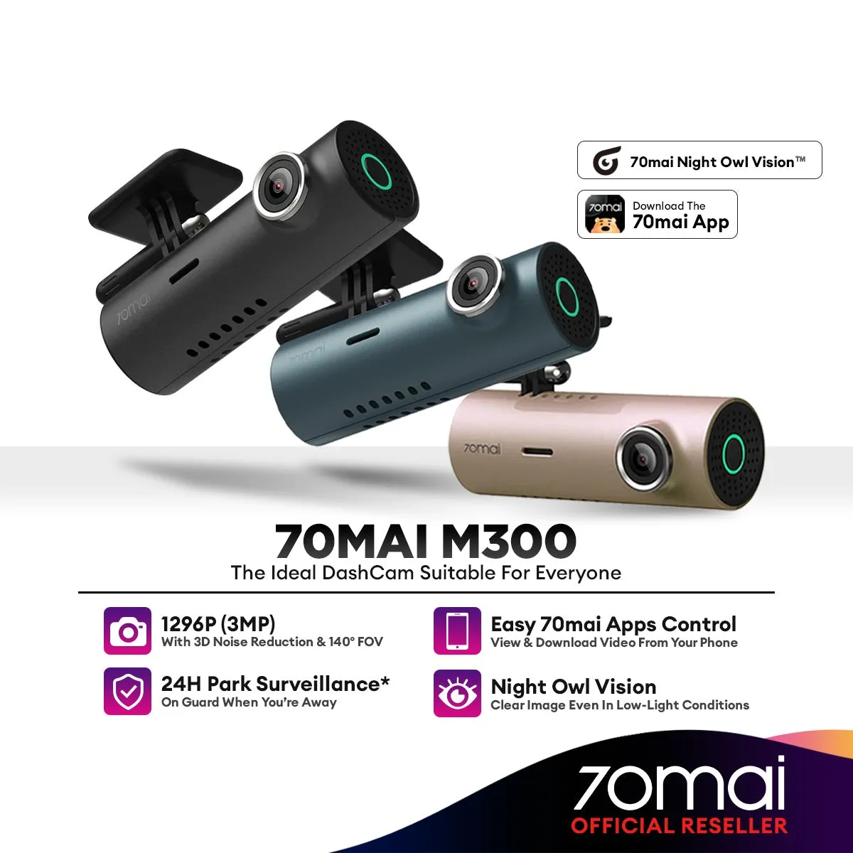 70mai M300 Car Recorder DashCam FHD  1296p Support Parking Surveillance | GREY / ROSE GOLD / NAVY