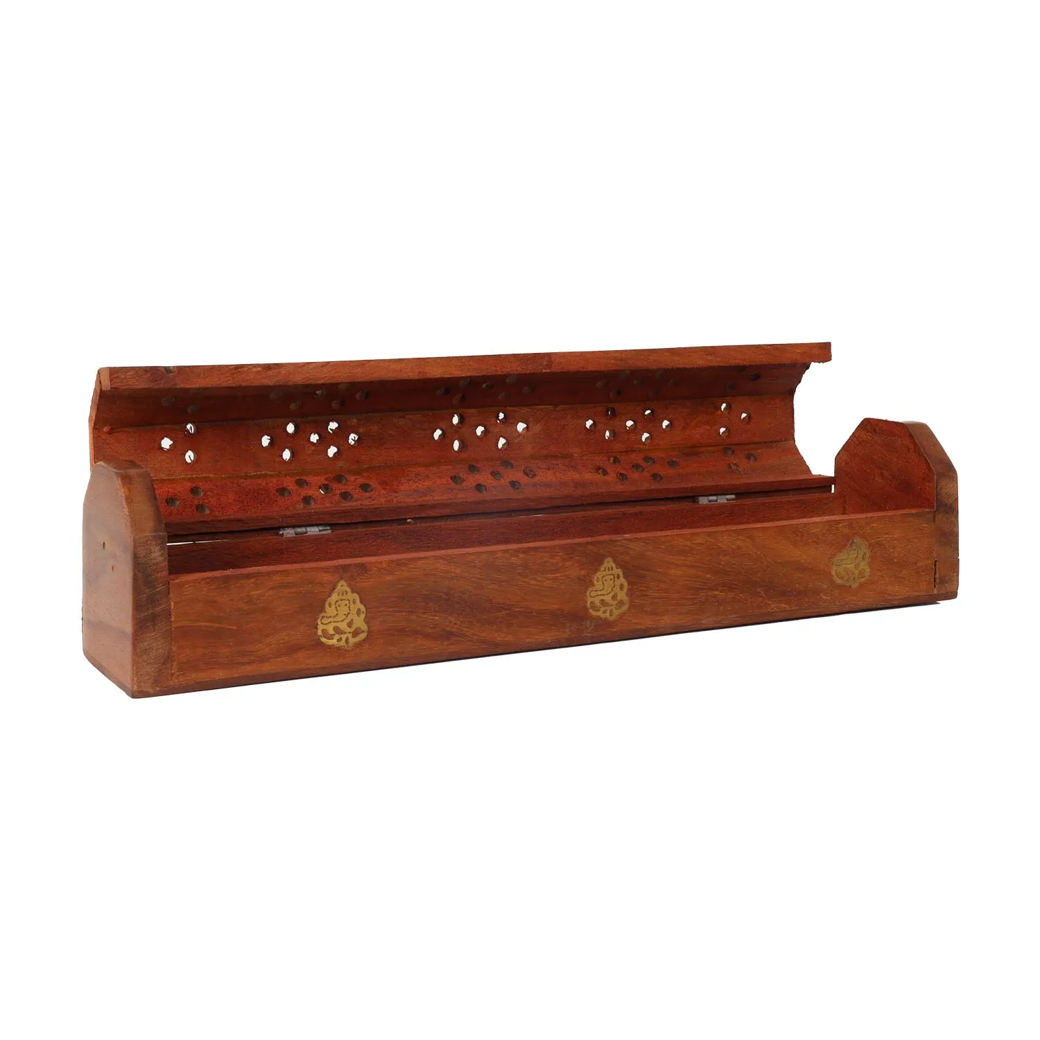 Agarbathi Box - 2.5 x 12 Inches | Ganesha Om Inlaid Incense Stick Holder/ Wooden Dhoop Holder for Pooja