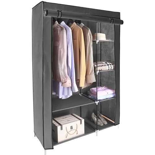 AROME PUR Canvas Wardrobe Organizer Clothes Rail Shelves Storage Closet Double Short (Grey)