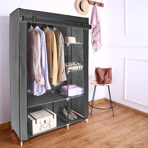 AROME PUR Canvas Wardrobe Organizer Clothes Rail Shelves Storage Closet Double Short (Grey)