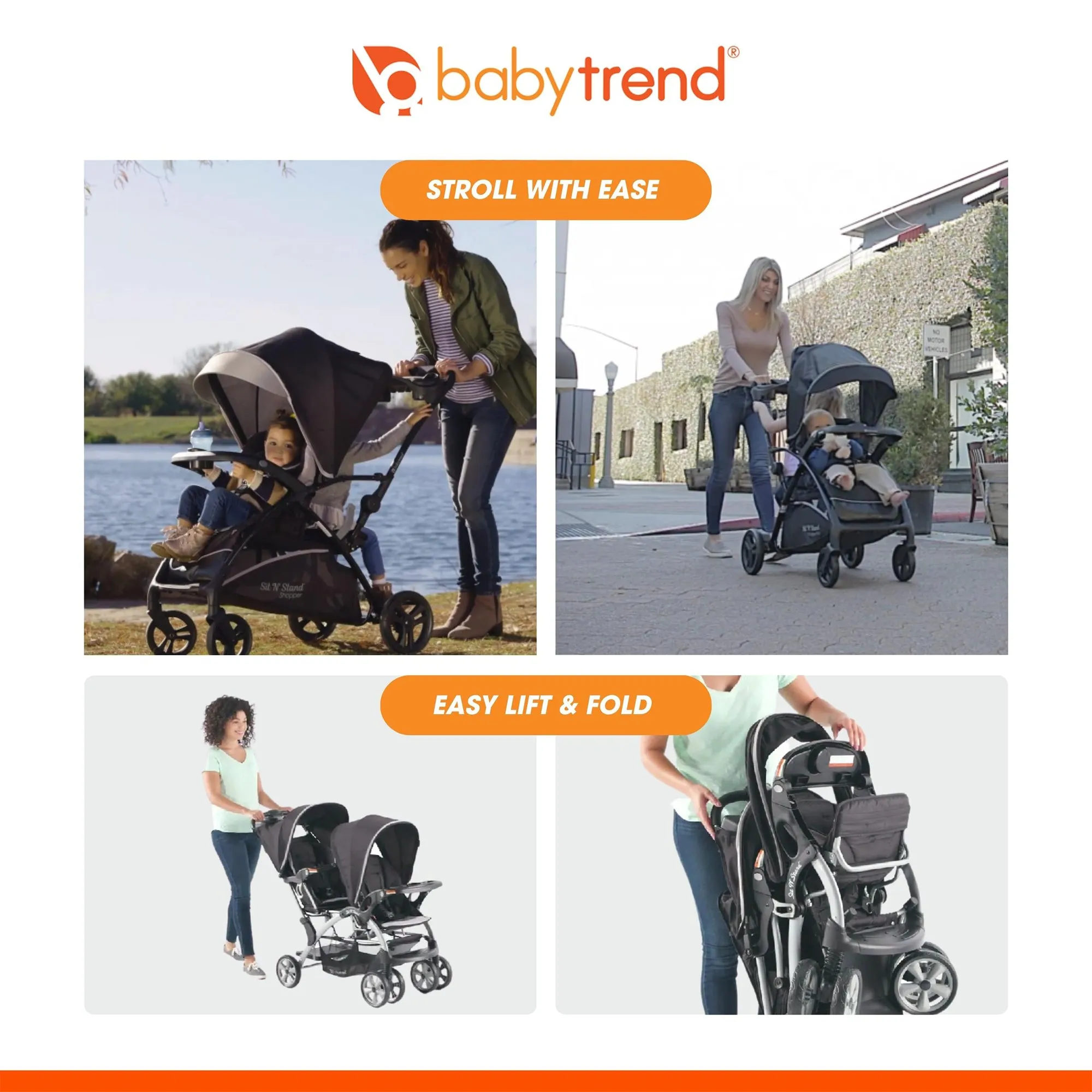 Baby Trend Sit N' Stand Easy Fold Travel Toddler & Baby Double Stroller, Stormy