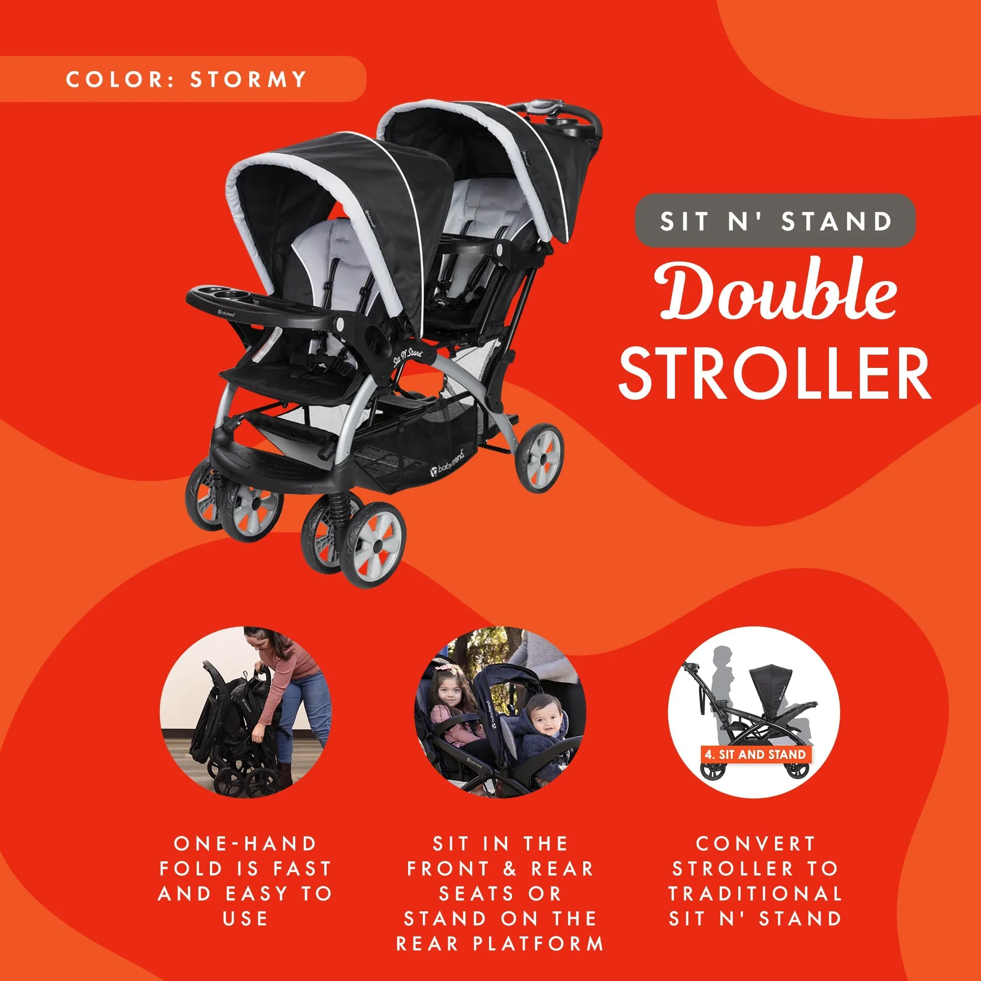 Baby Trend Sit N' Stand Easy Fold Travel Toddler & Baby Double Stroller, Stormy