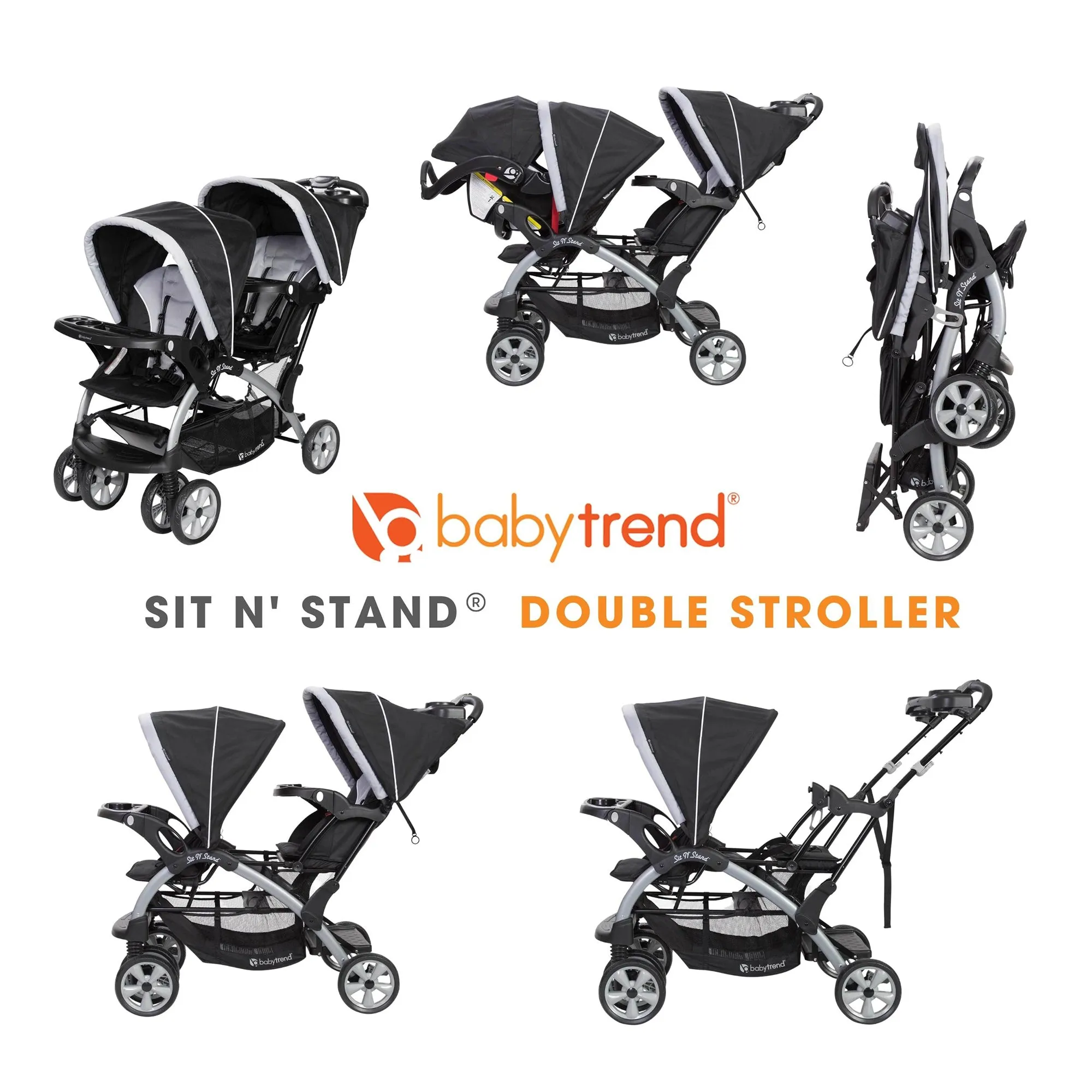 Baby Trend Sit N' Stand Easy Fold Travel Toddler & Baby Double Stroller, Stormy