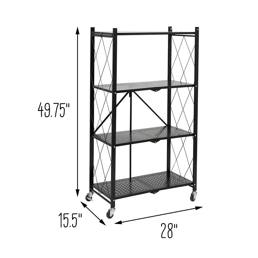 Black Folding 4-Tier Metal Rolling Shelf