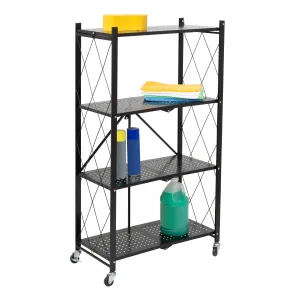 Black Folding 4-Tier Metal Rolling Shelf