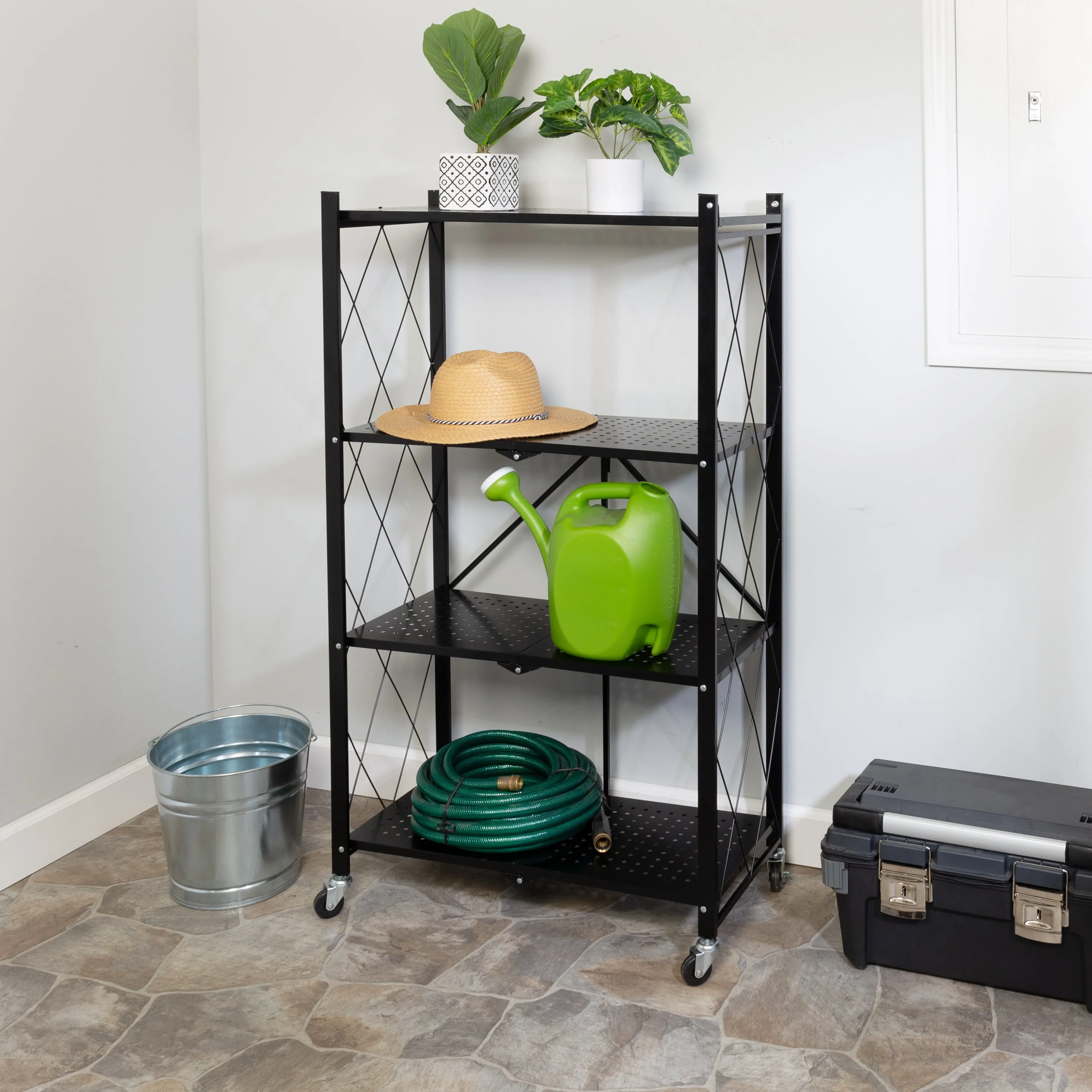 Black Folding 4-Tier Metal Rolling Shelf