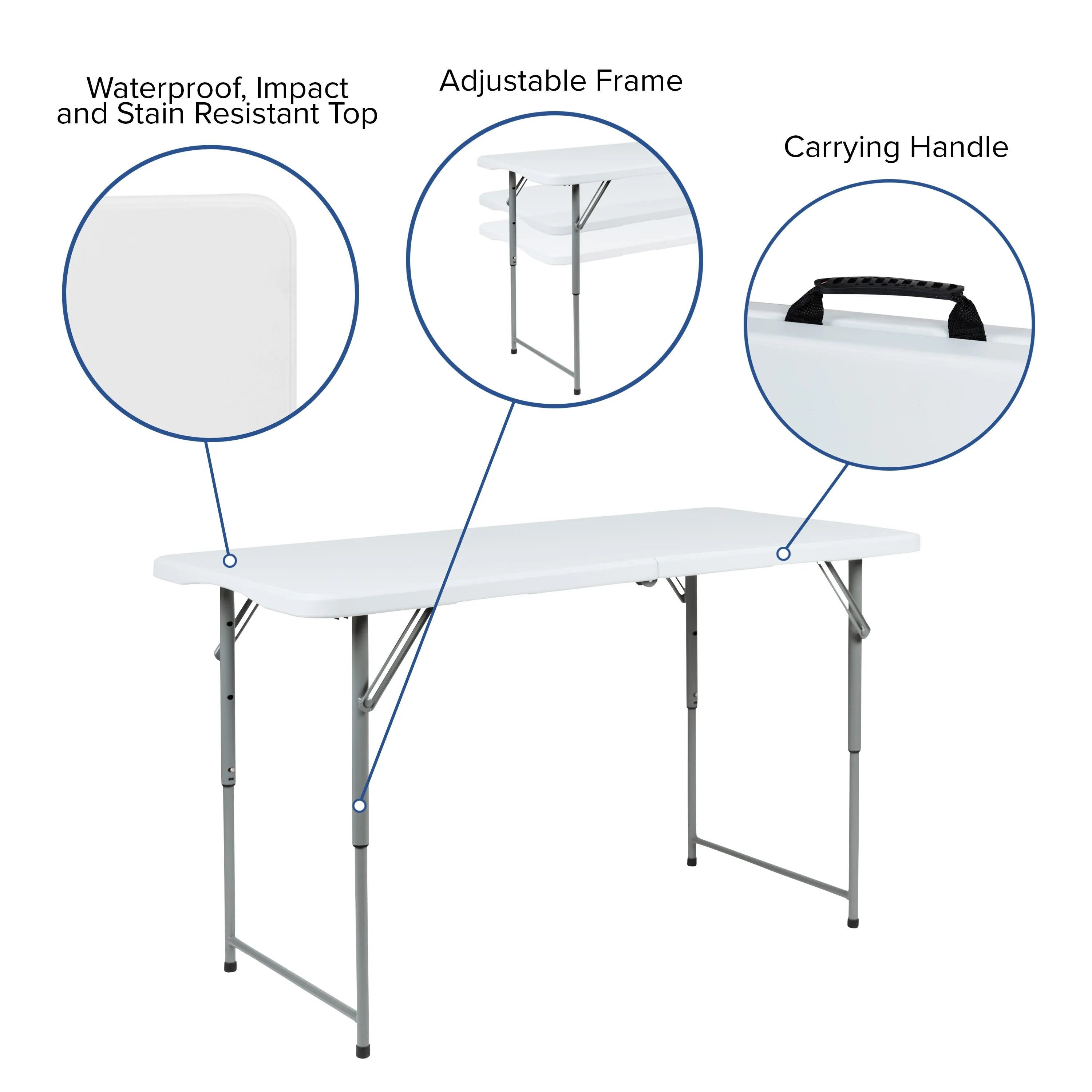 Height Adjustable Bi-Fold Plastic Folding Table with Carrying Handle