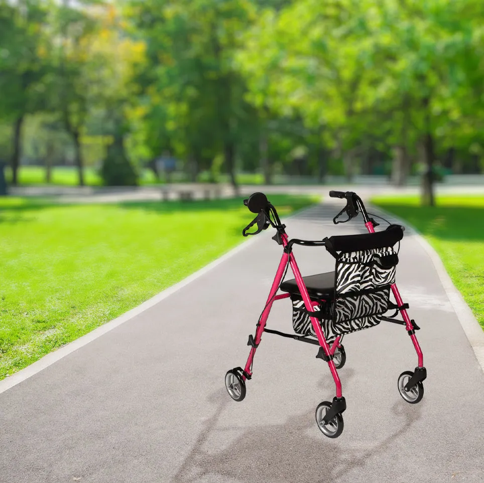 Pink Zebra Aluminum Folding Rollator Walker