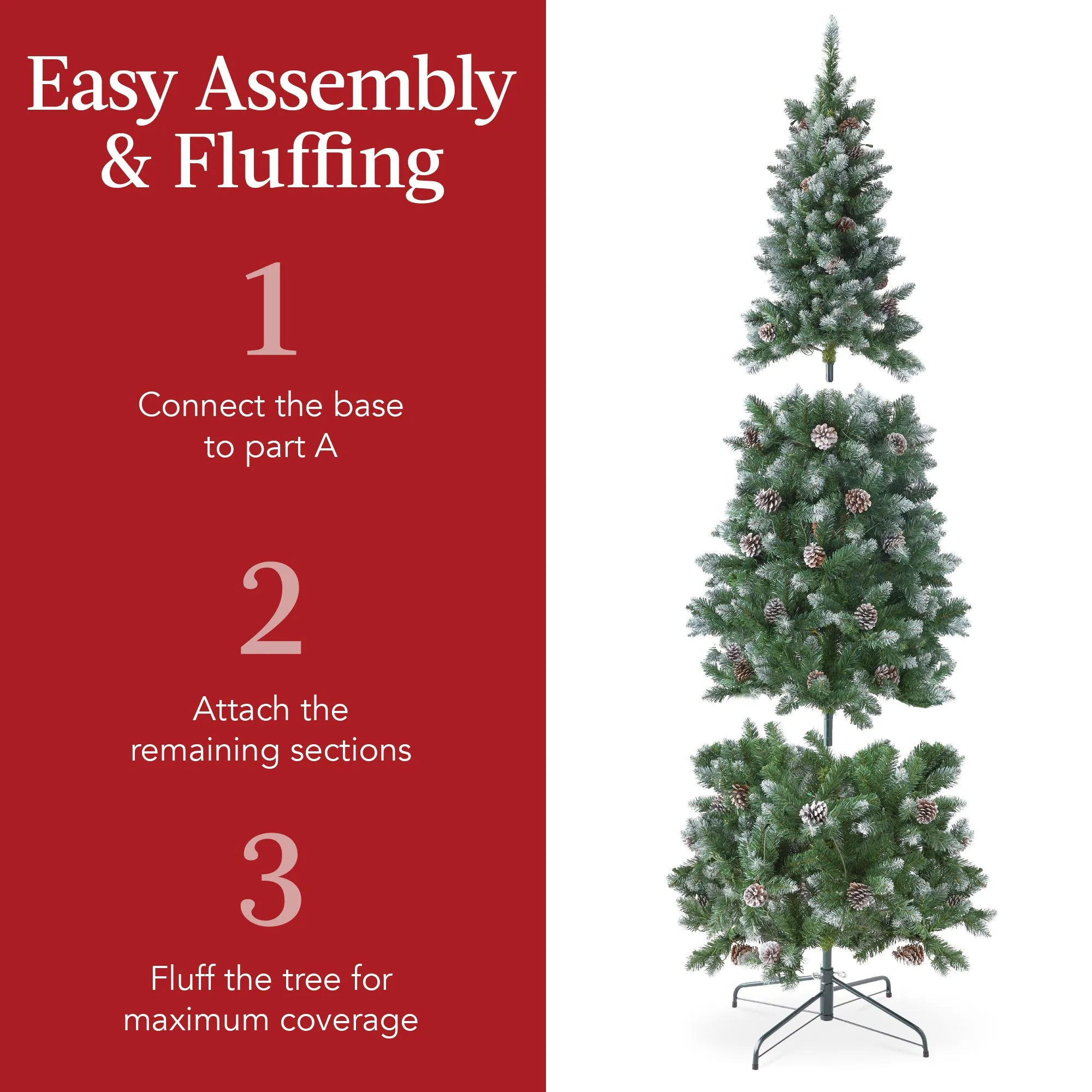 Pre-Lit Partially Flocked Pencil Christmas Tree w/ Pine Cones, Metal Stand