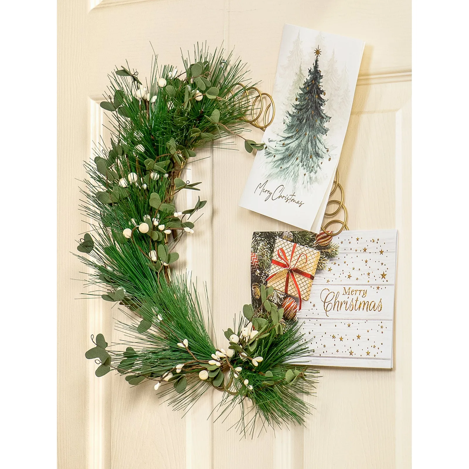 Red Co. 13.5” Decorative Golden Metal Spiral Christmas Card Holder Wreath with Evergreen Pine and White Berries