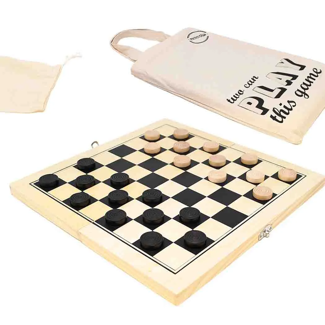 Wooden Draughts Set with Cotton Travel Bag